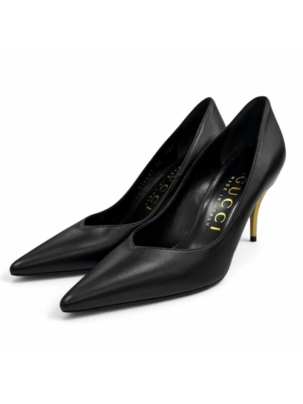 Gucci Pointed Toe Stiletto Heels Leather Pumps Black Gold